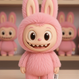 Pink fluffy bunny collectible art toy figure with large eyes and mischievous smile, standing on a wooden shelf.